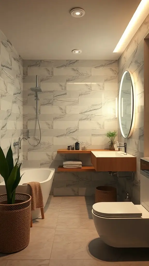 A modern bathroom featuring eco-friendly lighting with a sleek design, natural elements, and a clean aesthetic.