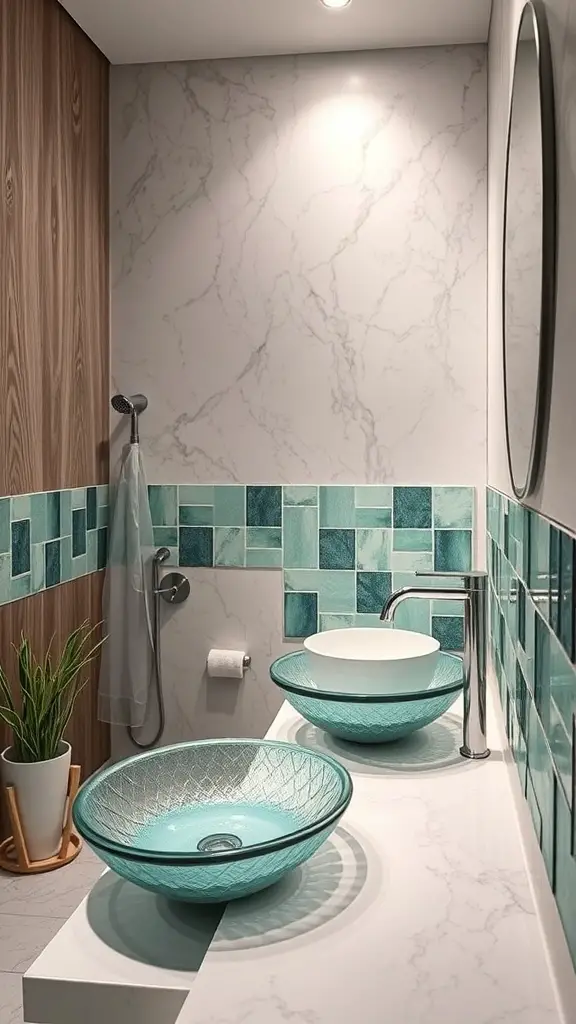 A modern bathroom featuring recycled glass sinks and green tile accents.