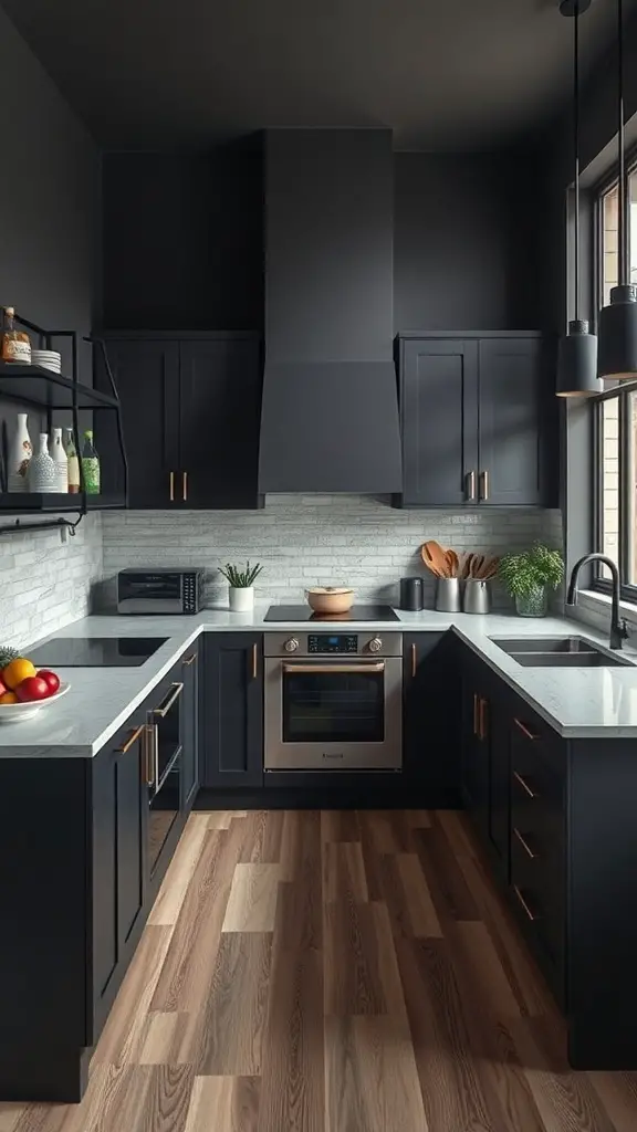 Modern kitchen with dark cabinetry and light countertops