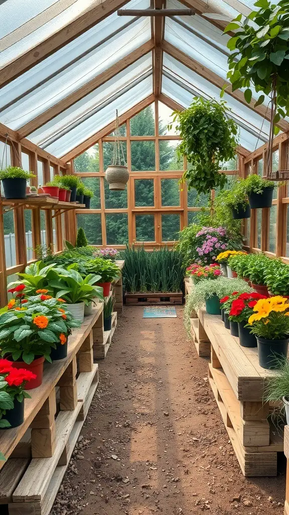 29+ Creative DIY Greenhouse Ideas for Your Garden 13 A wooden pallet greenhouse filled with colorful flowers and plants, showcasing wooden shelves and a bright interior.