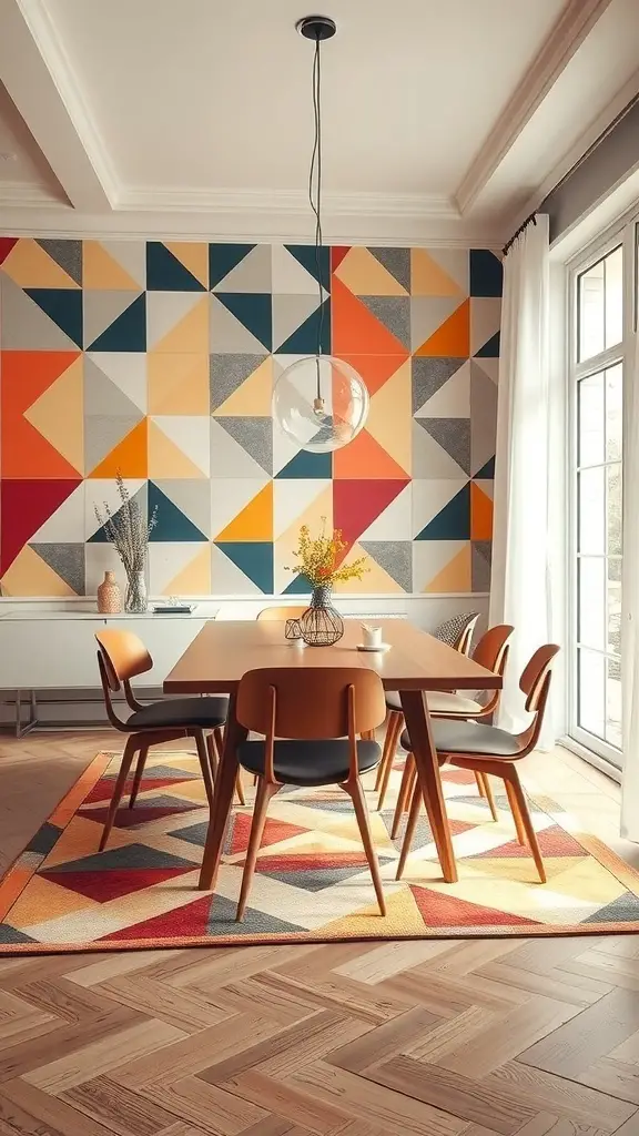 A dining room with bold geometric patterns on the wall, featuring a modern table and chairs.