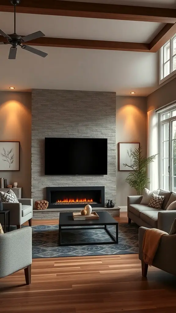 29+ Stunning Electric Fireplace Ideas to Complement Your TV 2 Cozy family room with an electric fireplace and a TV above it, featuring modern decor and comfortable seating.