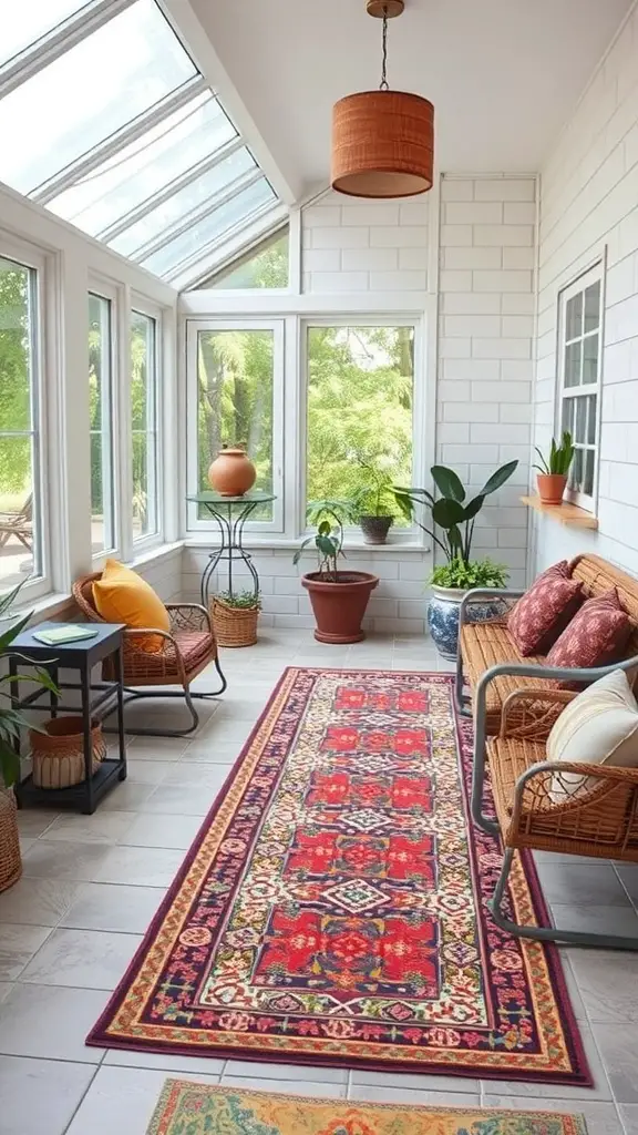 A bright sunroom with ceramic tile flooring, featuring a colorful rug, plants, and comfortable seating.