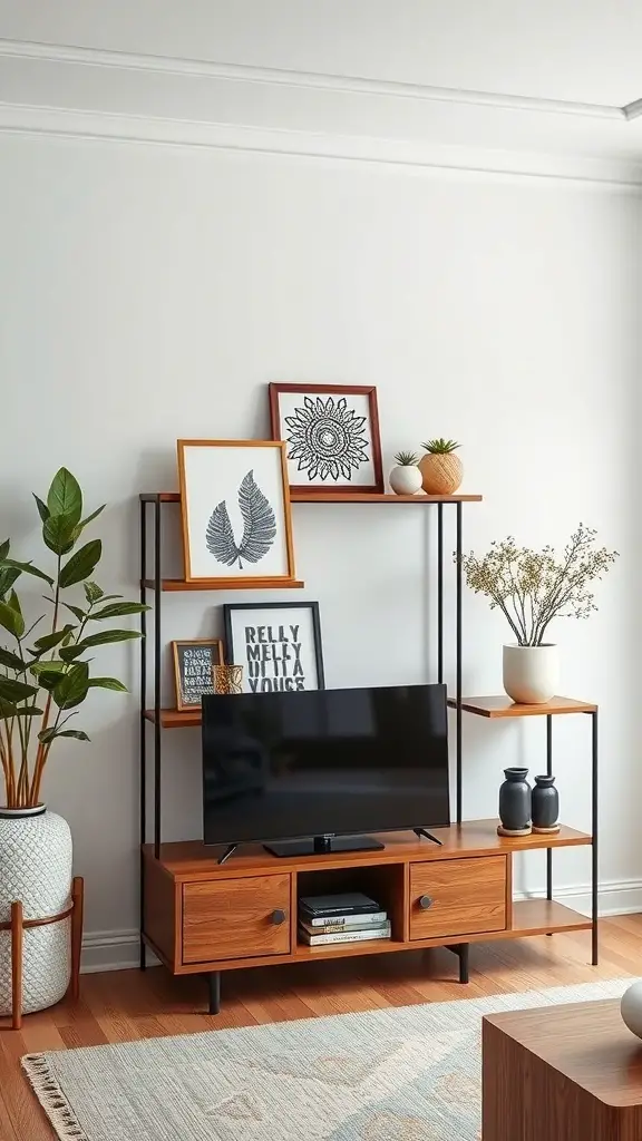 A stylish multi-tiered TV stand with decorative items and a television.