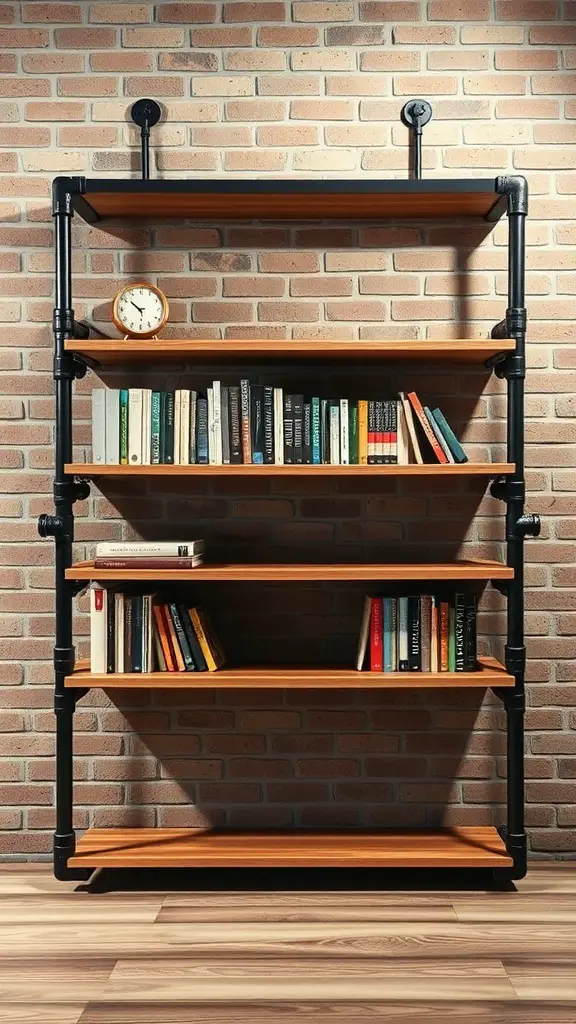 23+ Creative DIY Bookshelf Ideas 3 Industrial pipe bookshelf with wooden shelves and a clock