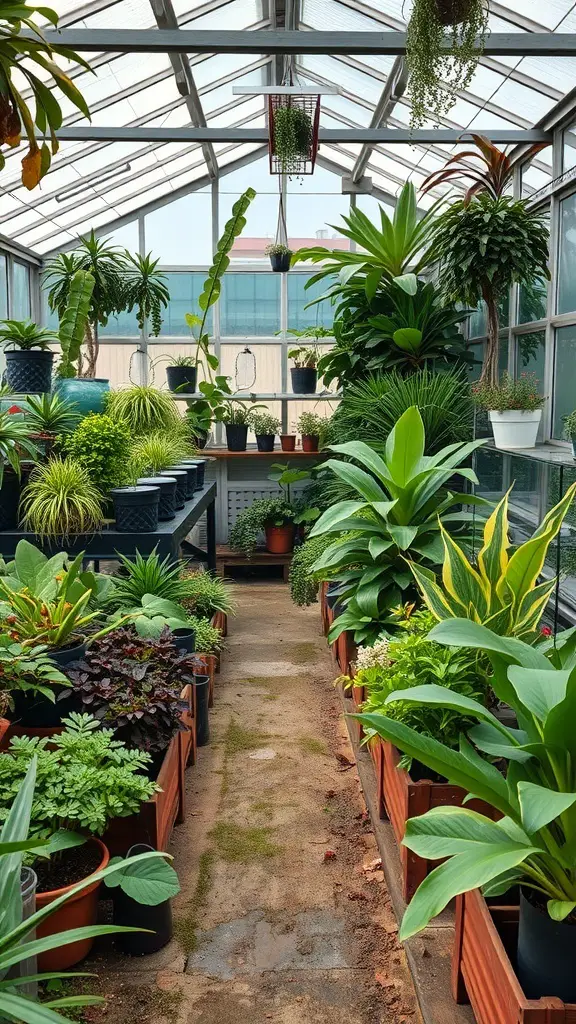 27+ Inspiring Inside Greenhouse Ideas 12 A greenhouse filled with various plants arranged artistically in pots.