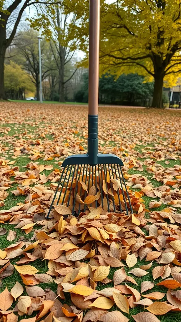 A garden rake with built-in leaf collector standing among fallen leaves in a park.