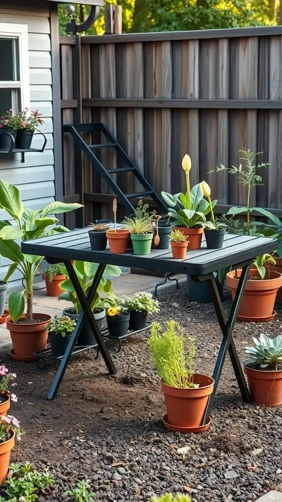 A folding potting table surrounded by potted plants in a garden setting.