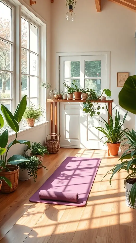 27+ Enclosed Sunroom Ideas to Brighten Your Home 14 A sunroom with a yoga mat, plants, and natural light