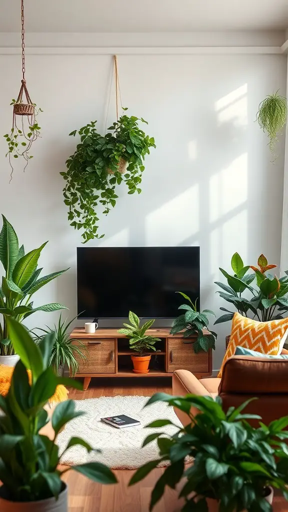 A cozy living room with a TV surrounded by various plants, including hanging and floor plants, creating a fresh and inviting atmosphere.