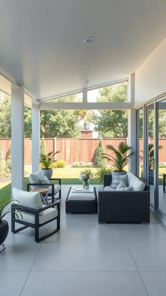 Modern minimalist covered porch with sleek furniture and greenery