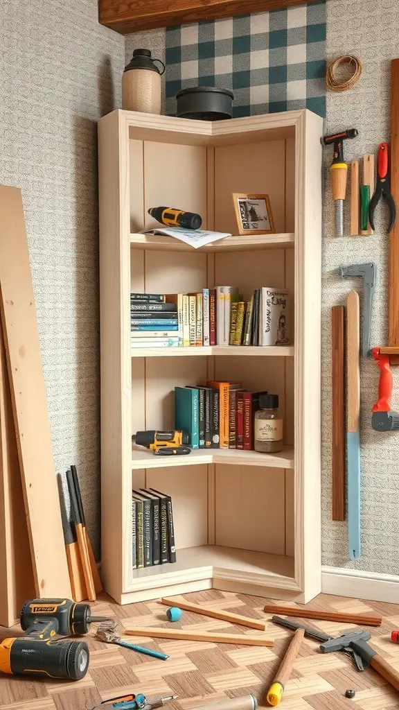 A DIY corner bookshelf under construction with tools and wood pieces around it.