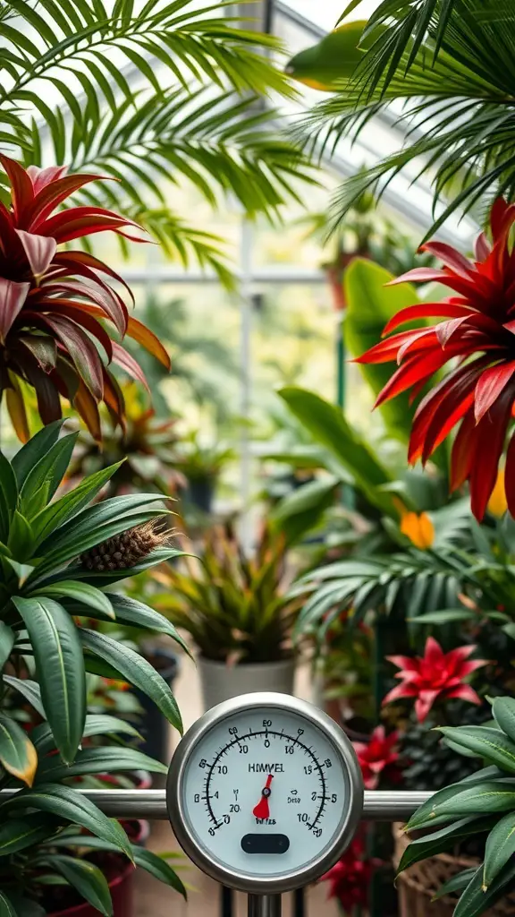 29+ Stunning Attached Greenhouse Sunroom Ideas for Your Home 2 A hygrometer surrounded by various plants in a sunroom, showcasing humidity levels.