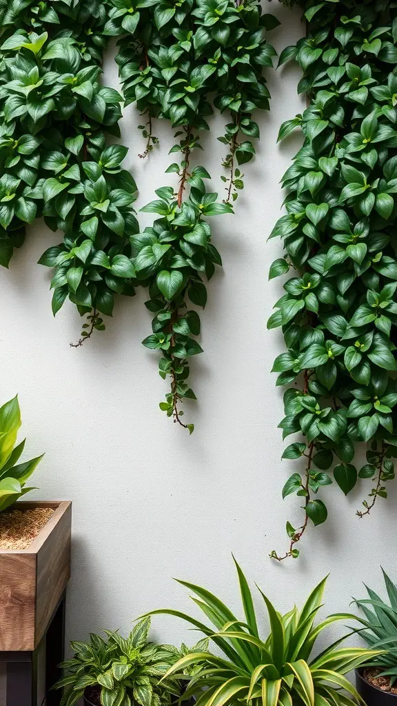A green plant wall with cascading leaves and a wooden planter at the bottom.