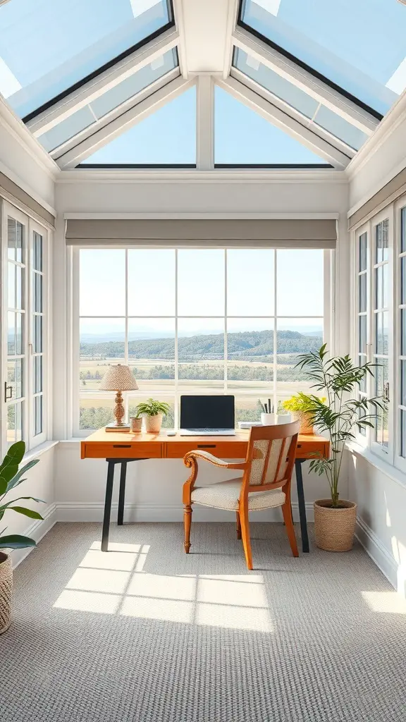 29+ Creative Sunroom Decorating Ideas You’ll Love 4 A bright sunroom with a desk, chair, and large windows showcasing a scenic view.
