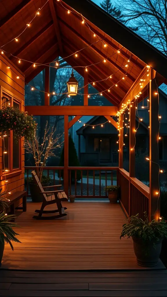 23+ Inspiring Three Season Porch Ideas to Transform Your Space 8 A cozy three-season porch decorated with string lights, showcasing a warm and inviting atmosphere.