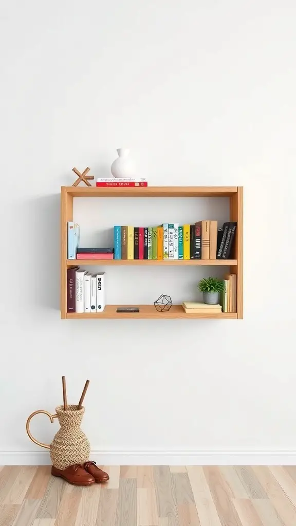 23+ Creative DIY Bookshelf Ideas 6 A modern floating bookshelf with colorful books and decorative items on a white wall.