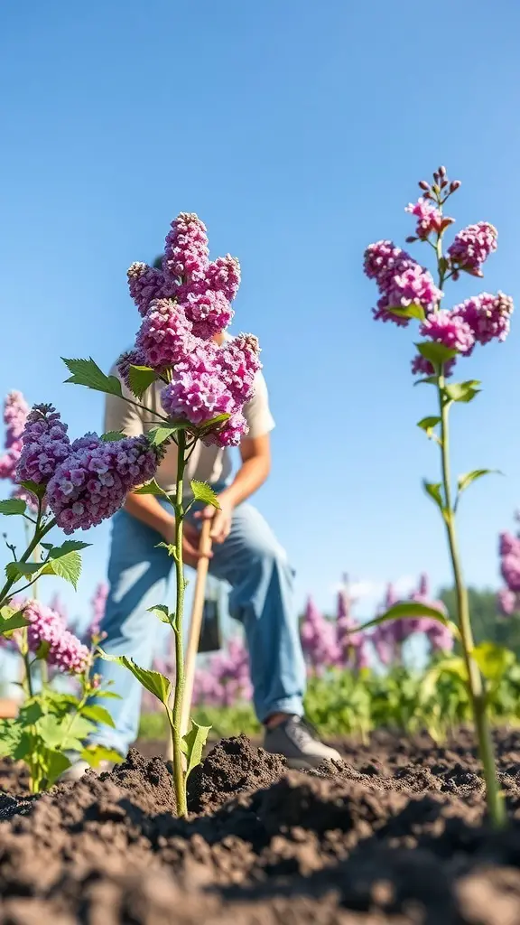 A person planting lilac flowers in a garden with bright blue sky in the background.