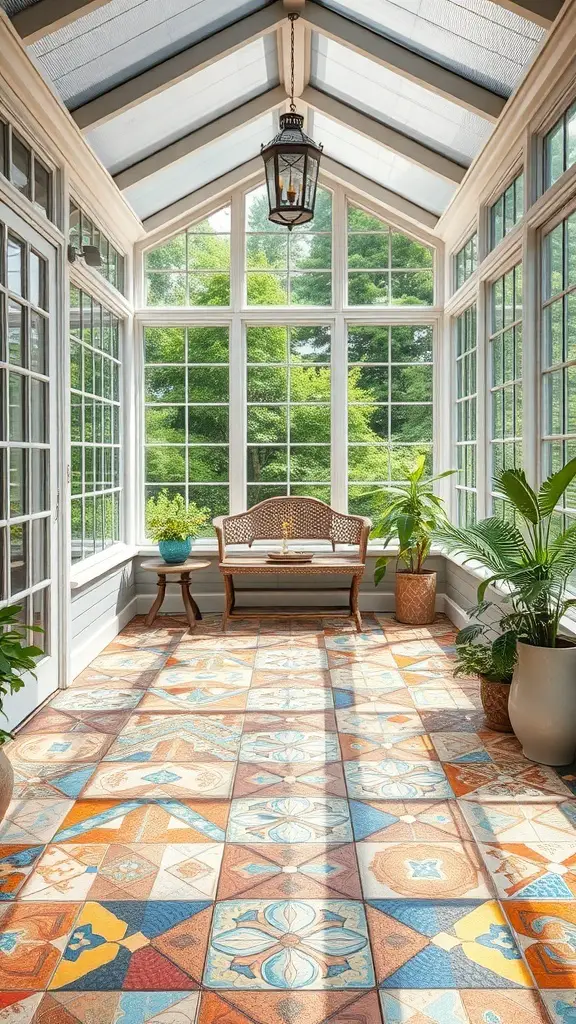 A sunroom with colorful artistic mosaic tiles on the floor, featuring a cozy seating area and plants.