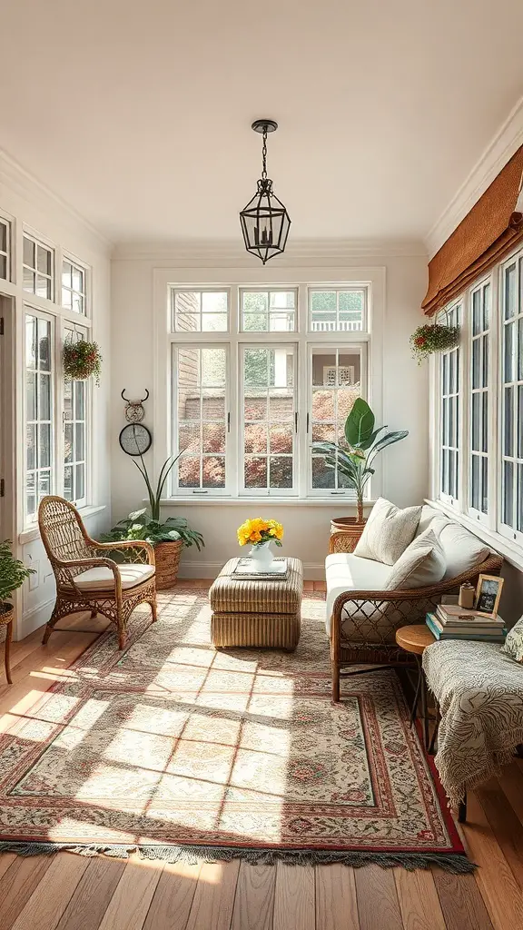 29+ Creative Sunroom Decorating Ideas You’ll Love 15 A sunroom featuring layered textures with a patterned rug, comfortable seating, and natural elements.