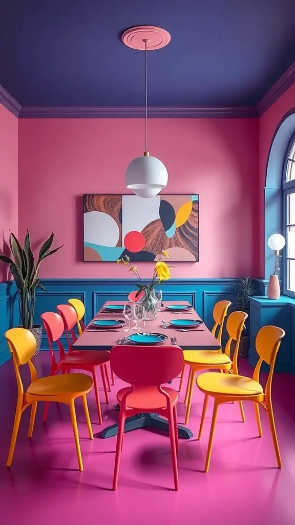A funky dining room with pink walls, a blue ceiling, colorful chairs, and vibrant decor.