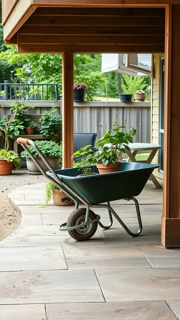 A wheelbarrow used for planting, placed under a deck with greenery around.