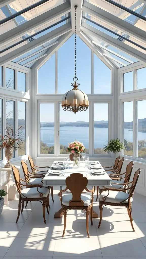27+ Cozy Cottage Sunroom Ideas You’ll Love 9 Elegant dining area in a sunroom with large windows and a beautiful view