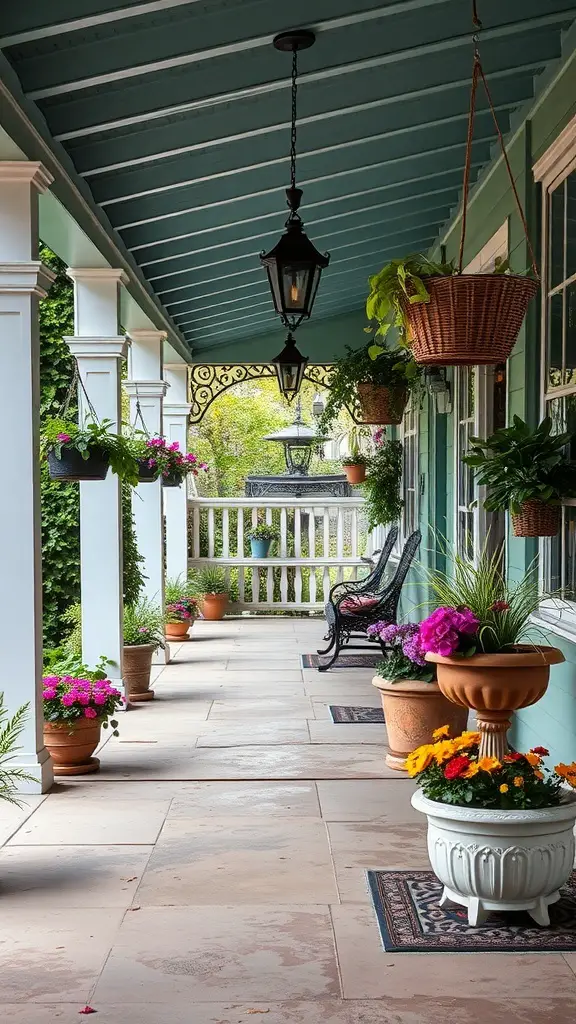 A covered porch with colorful planters and hanging plants, featuring a cozy seating area.