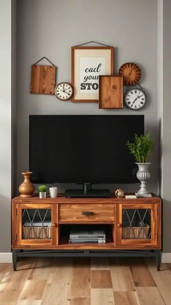 27+ Creative TV Stand Decor Ideas 16 A stylish TV stand with a mix of vintage and modern decor, featuring wooden elements, wall clocks, and potted plants.