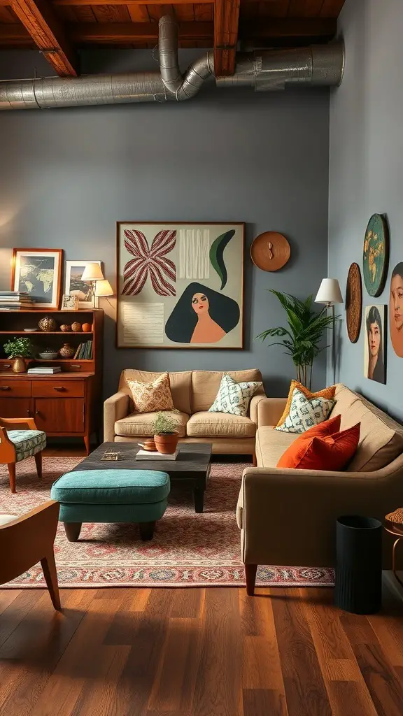 A cozy living room featuring vintage furniture, colorful accents, and unique artwork.