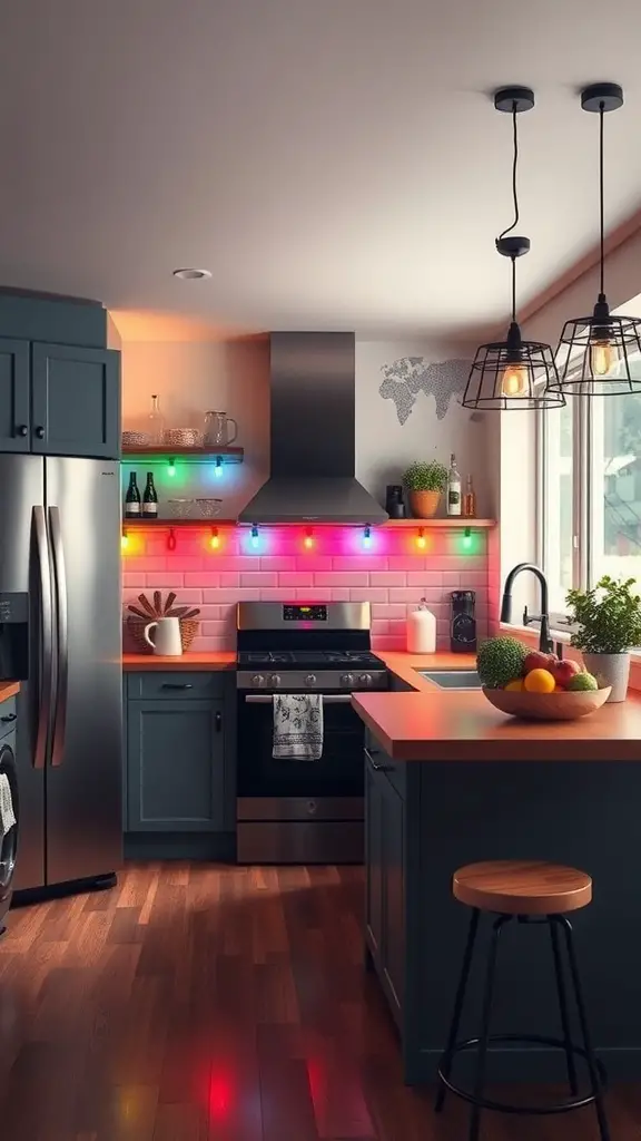 A modern kitchen with colorful accent lighting on shelves and pendant lights.