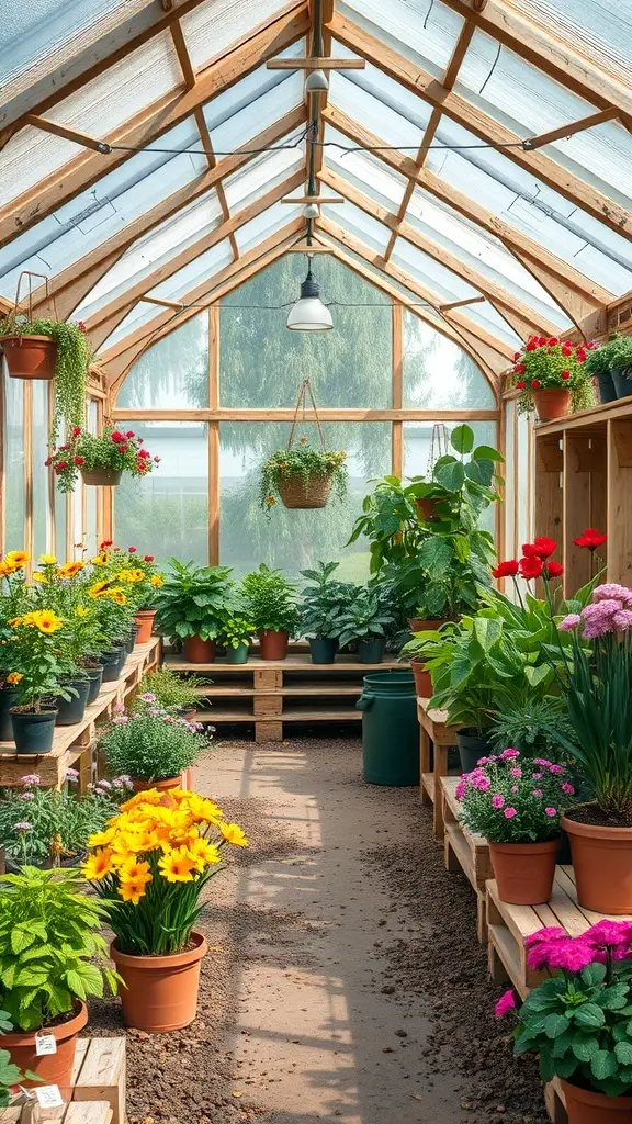23+ Creative and Affordable DIY Greenhouse Ideas to Try 3 Interior view of a pallet wood greenhouse filled with colorful flowers and plants.