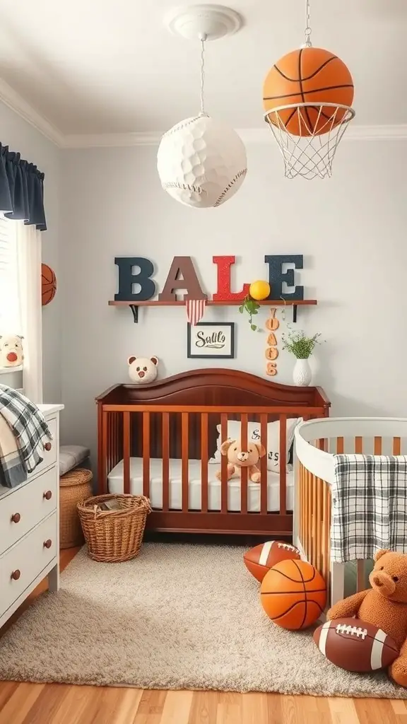 A classic sports-themed nursery featuring a crib, sports balls, and playful decor.