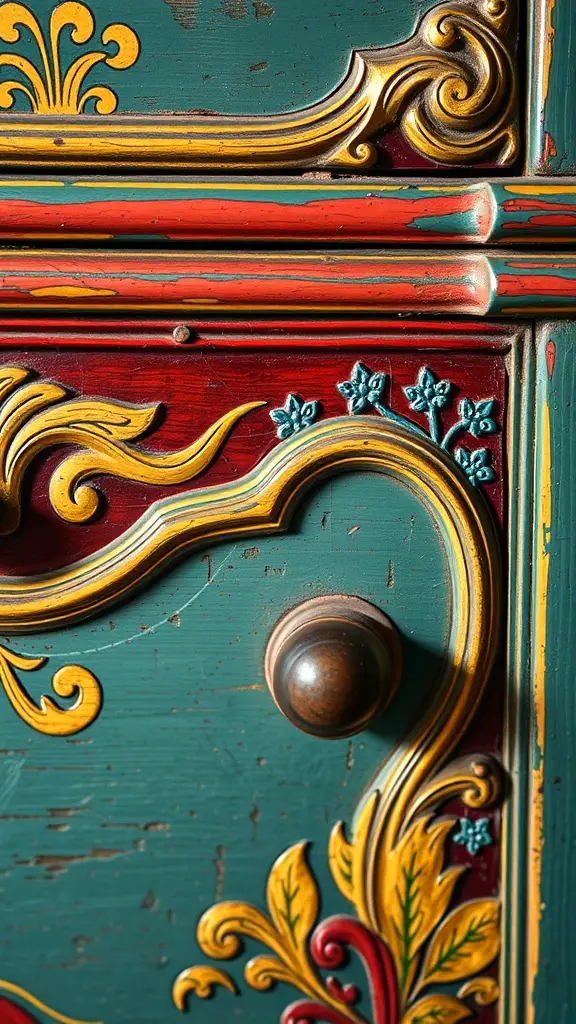 Close-up of a hand-painted cabinet with intricate designs in vibrant colors.
