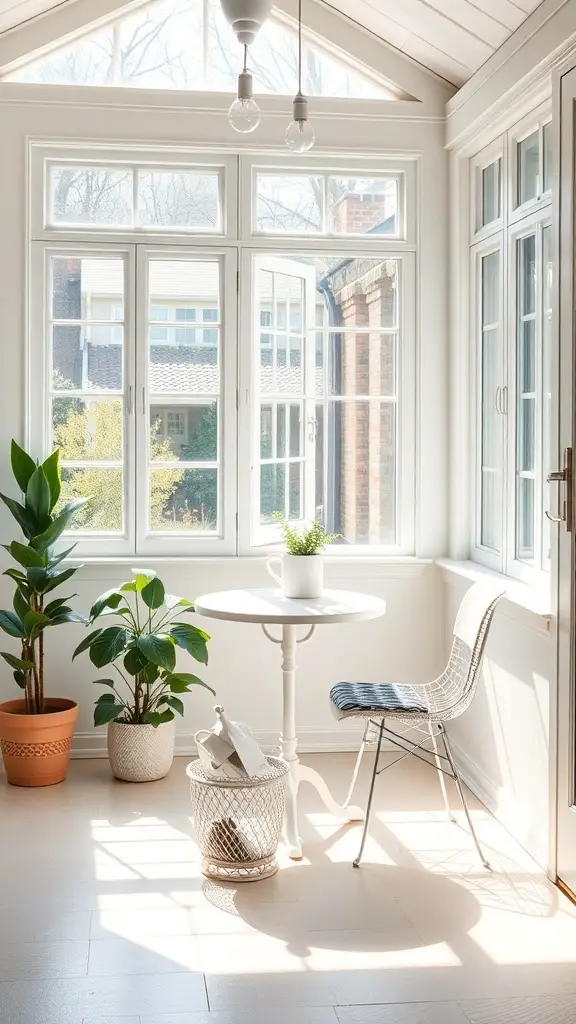 27+ Charming Small Sunroom Ideas to Brighten Your Home 2 Sunlit breakfast area featuring a bistro table, wire chair, and potted plants.