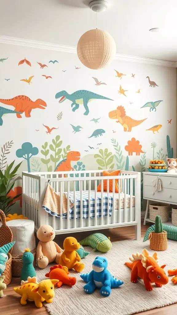 A colorful dinosaur-themed nursery with a crib, plush toys, and dinosaur wall decals.