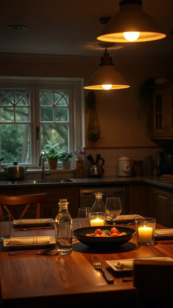 Cozy kitchen with dimmable pendant lights above a dining table, featuring a bowl of fruits and candles.