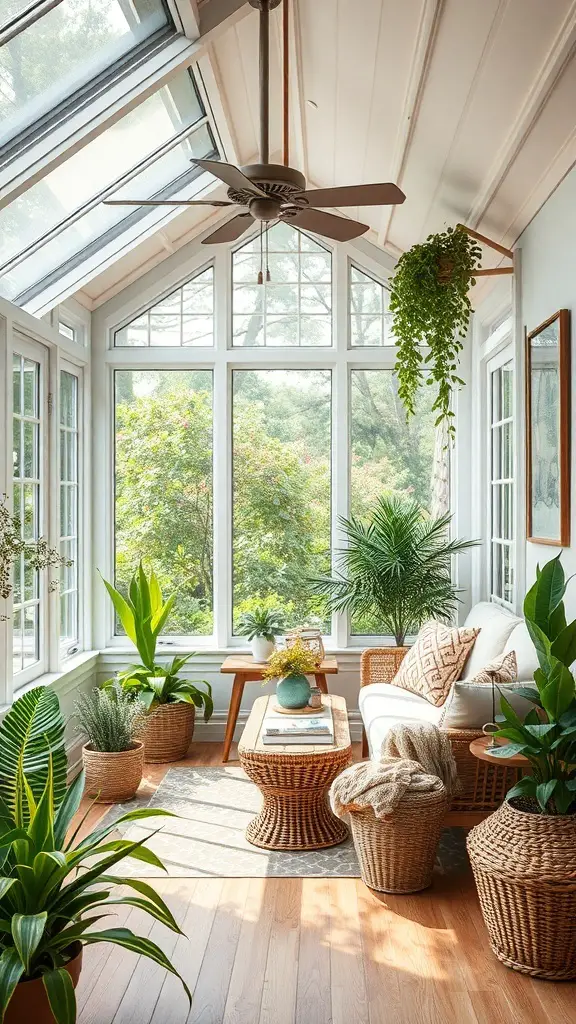 29+ Creative Sunroom Decorating Ideas You’ll Love 13 A bright sunroom decorated with plants, natural materials, and a nature-inspired color palette.