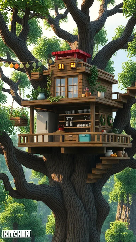 25+ Creative Minecraft Kitchen Designs You’ll Love 5 A cozy treehouse kitchen with large windows, wooden design, and decorative plants.
