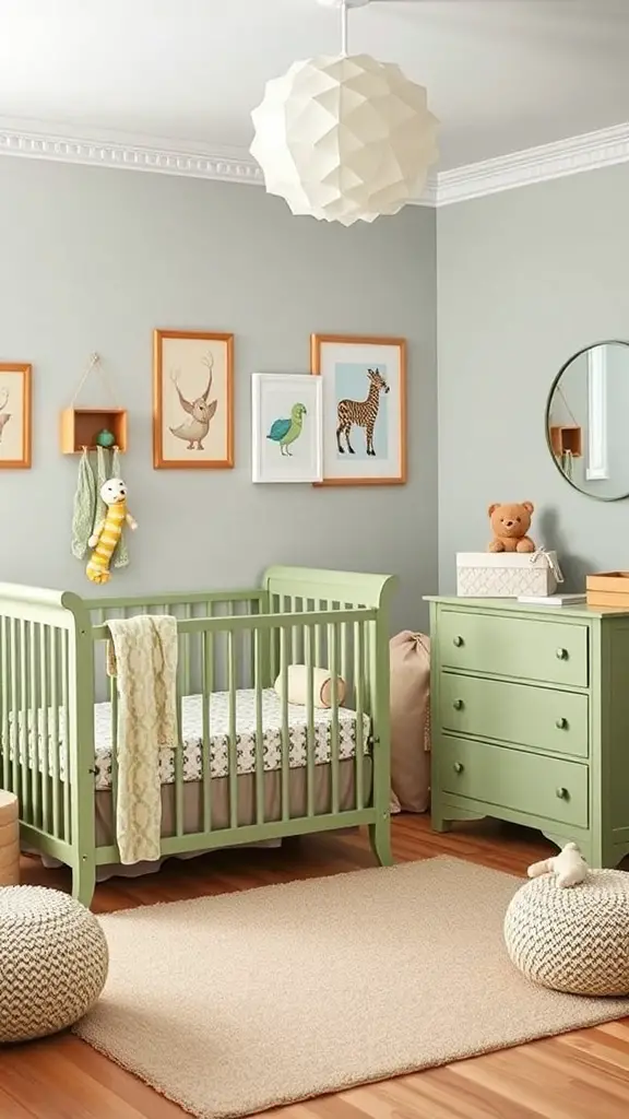 A modern nursery featuring sage green furniture, including a crib and dresser, with playful wall art and cozy decor.