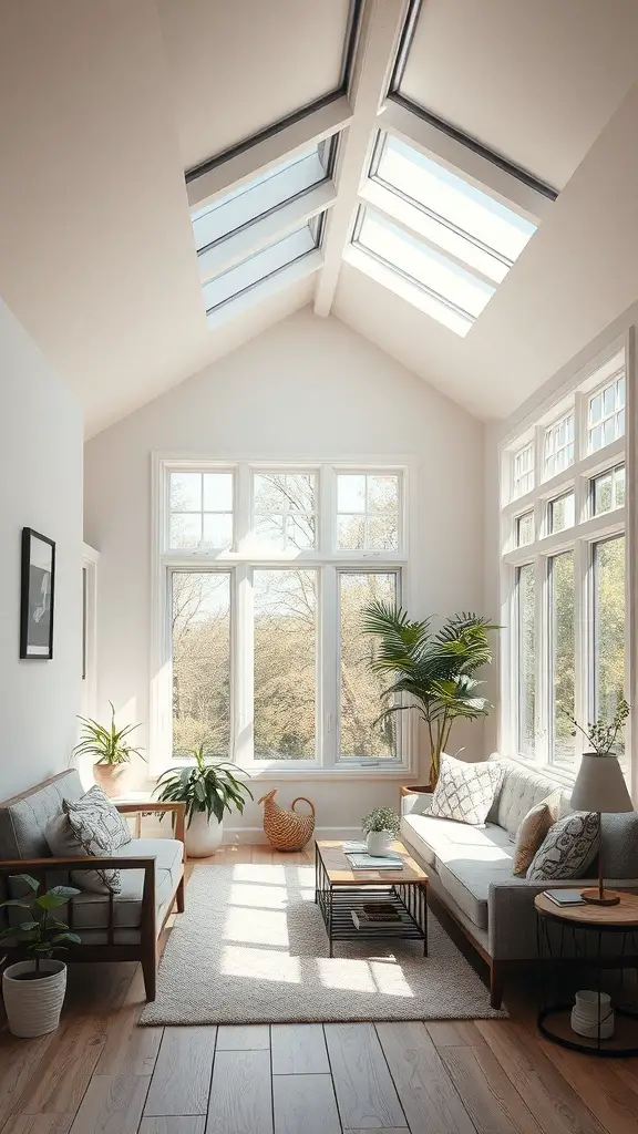 29+ Stunning Porch to Sunroom Conversion Ideas to Transform Your Home 9 A bright sunroom featuring skylights and large windows, filled with plants and cozy furniture.