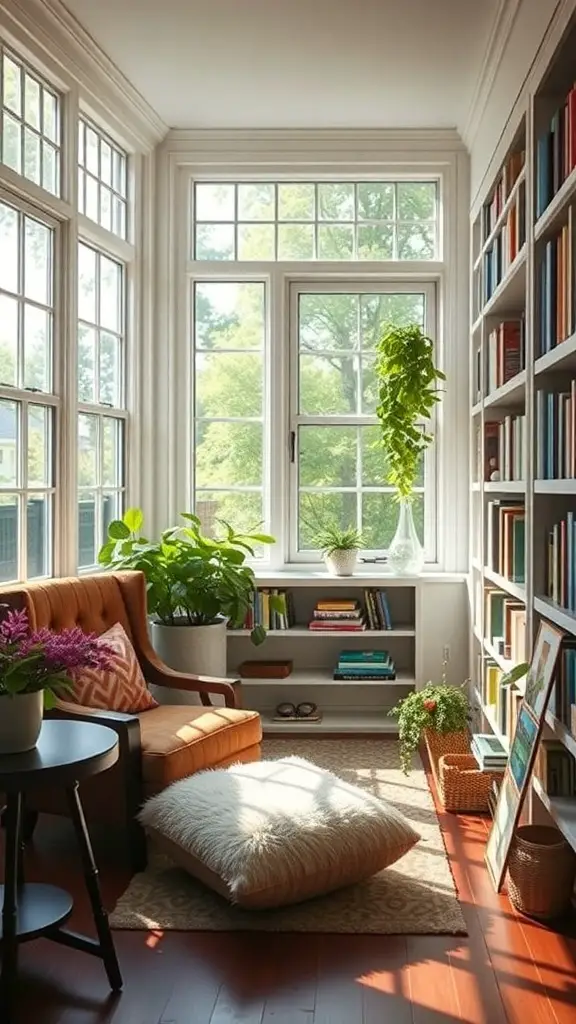 29+ Creative Sunroom Decorating Ideas You’ll Love 2 Cozy reading nook in a sunroom with large windows, plants, and bookshelves.