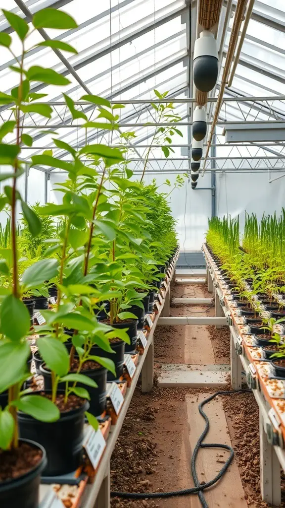 27+ Inspiring Inside Greenhouse Ideas 5 Inside view of a greenhouse with rows of green plants in pots