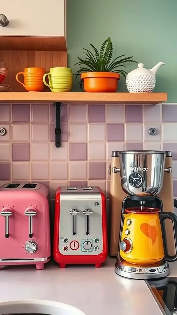 Colorful kitchen appliances including a pink toaster, red toaster, yellow kettle, and silver coffee maker.
