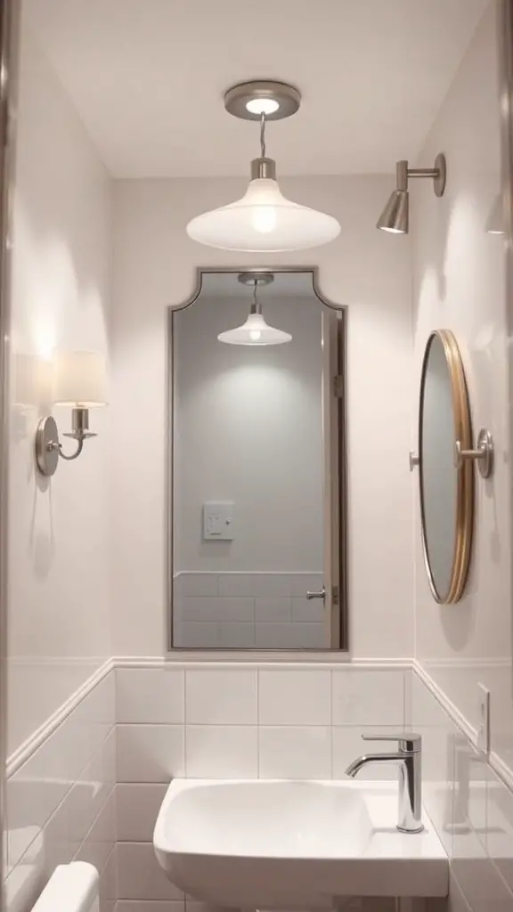 A well-lit bathroom featuring layered lighting techniques with a ceiling fixture, wall sconces, and a mirror.