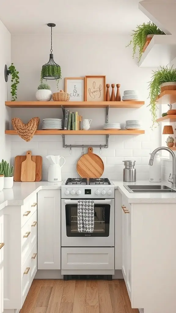 A small kitchen featuring an island, open shelving, and decorative plants.