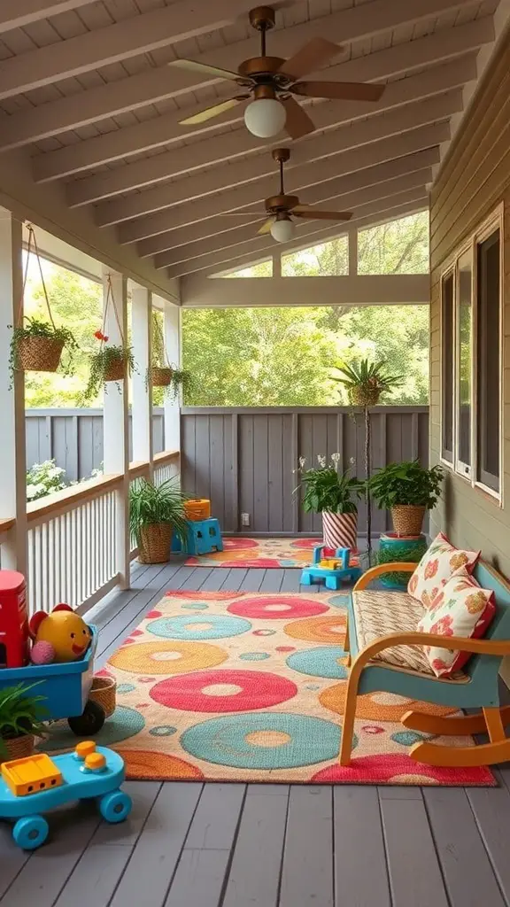 A colorful covered porch with a play area for kids, featuring toys, plants, and seating.