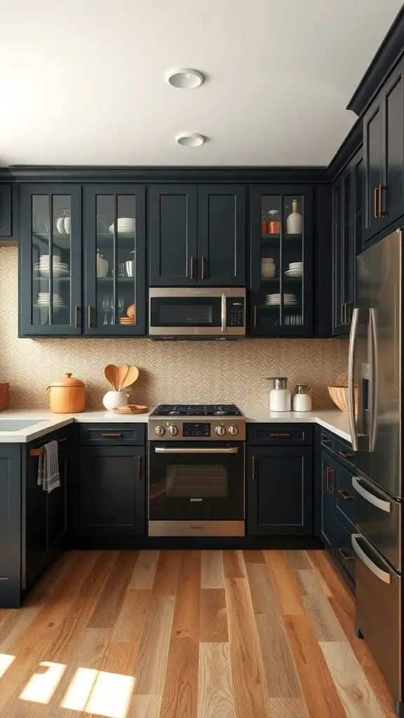 A rustic black kitchen with sleek cabinets, a central stove, and natural wood flooring.