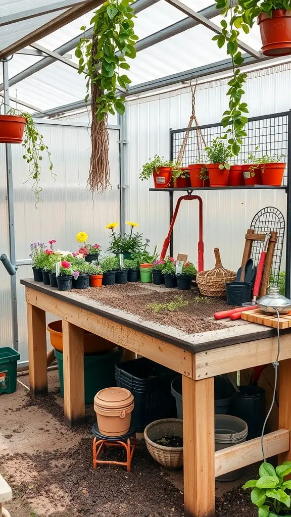 29+ Creative DIY Greenhouse Table Ideas for Your Garden 16 A wooden potting bench in a greenhouse, surrounded by potted plants and gardening tools.