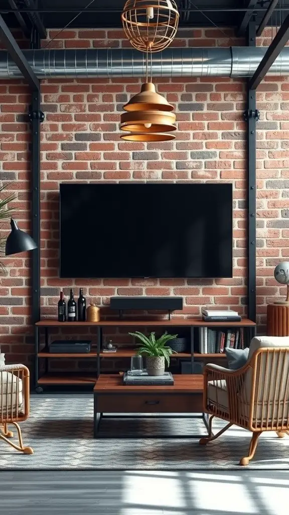 Industrial style living room with a TV wall featuring exposed brick, metal accents, and modern furniture.